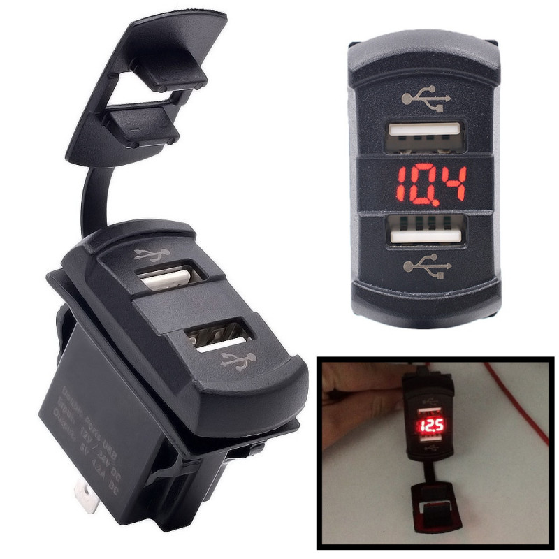 12v Dobbelt Usb Bil Båd Fatning Rocker Kontakt Panel Med Spænding Voltmeter Blå Led